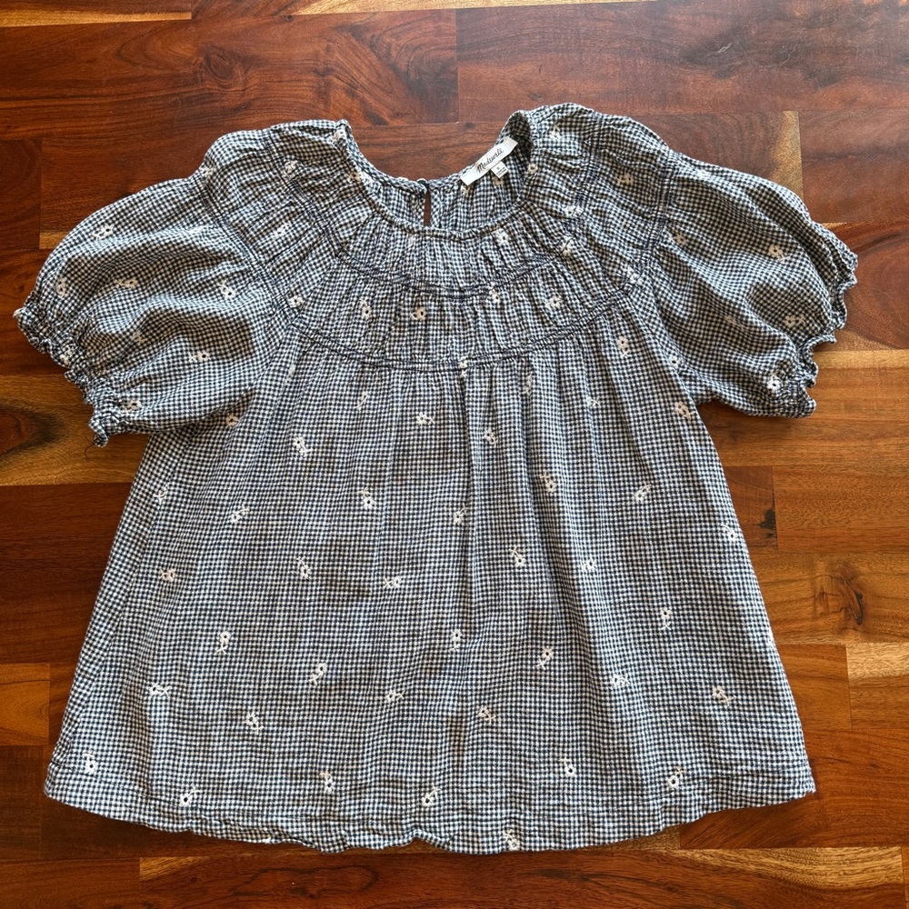 Madewell navy/black Gingham Smocked Puff Sleeve Top